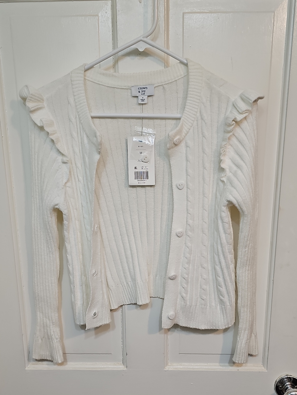crown & ivy Cream Ruffle-Trim Ribbed Button Cardigan